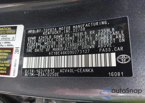 2009 Toyota Camry Le из США, поврежденный, VIN 4T1BE46K09U273127